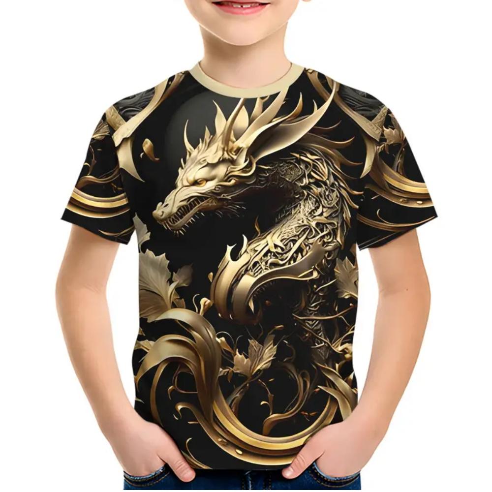 Summer Round Neck 3D Dragon Pattern Printed Top Fashionable Casual Short Sleeved Children's Boy T-shirts