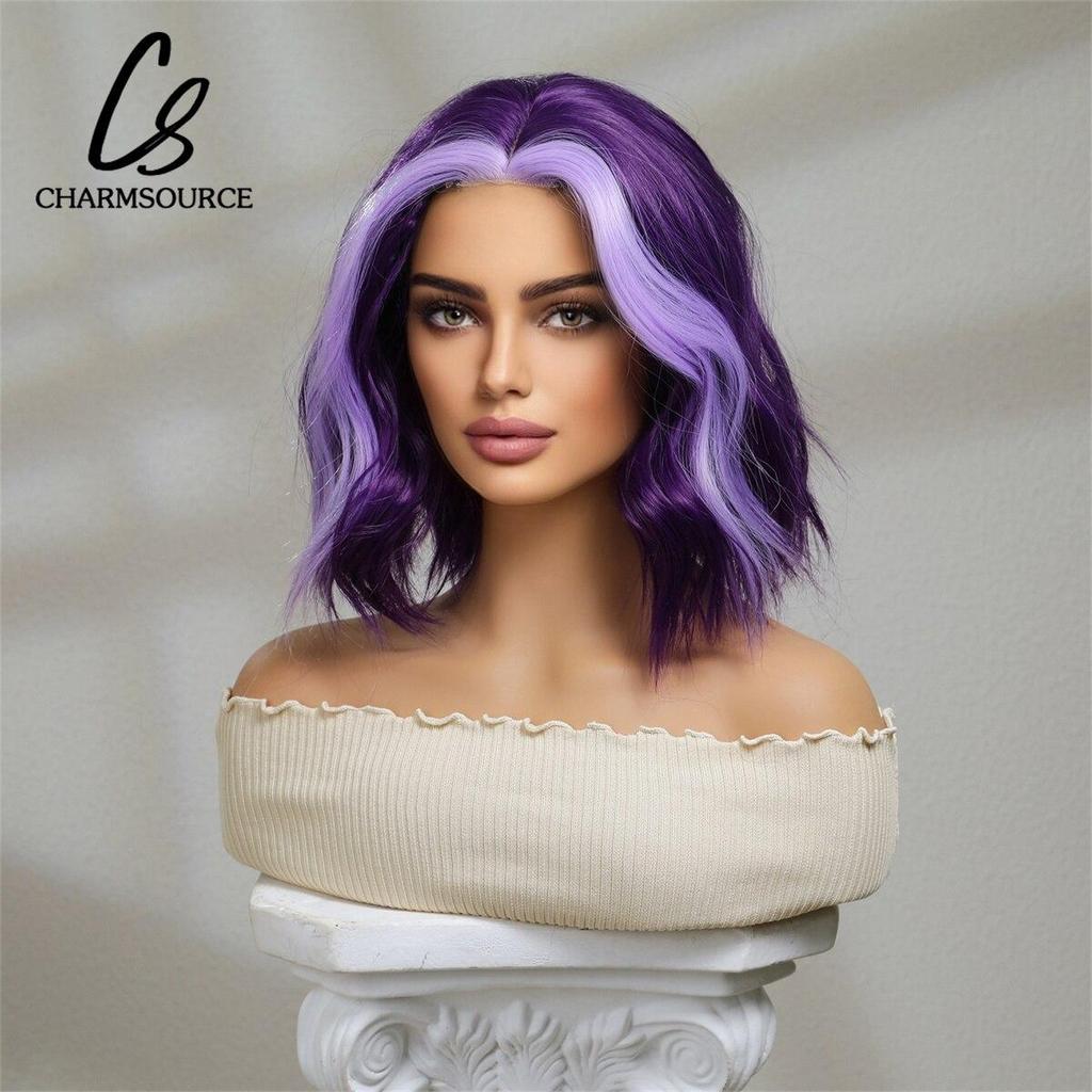 Purple Short Bob Wave Synthetic Wigs with Bangs For Women Cosplay Ombre Light Purple Daily Cosplay Party Heat Resistant Hair
