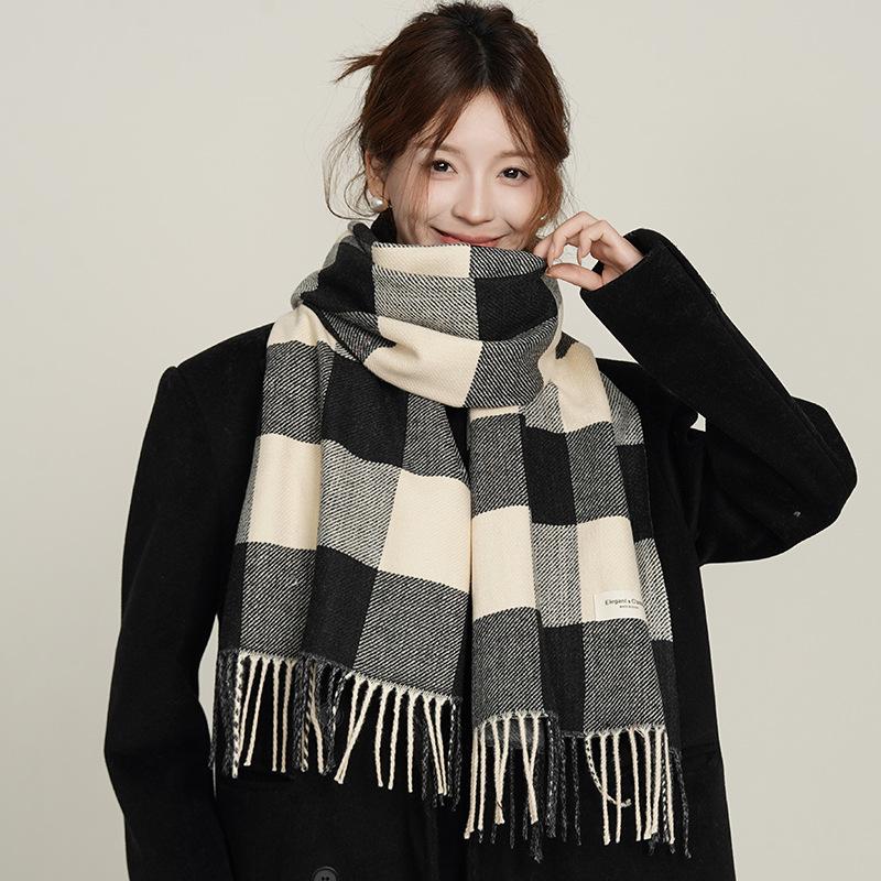 Ladies Plaid Scarf Female Student Versatile Autumn and Winter Shawl Double-sided with Cute Girl Warm Scarf Tide