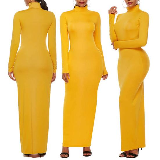 Повседневное женское облегающее длинное платье с длинным рукавом и воротником-гольф однотонного цвета
