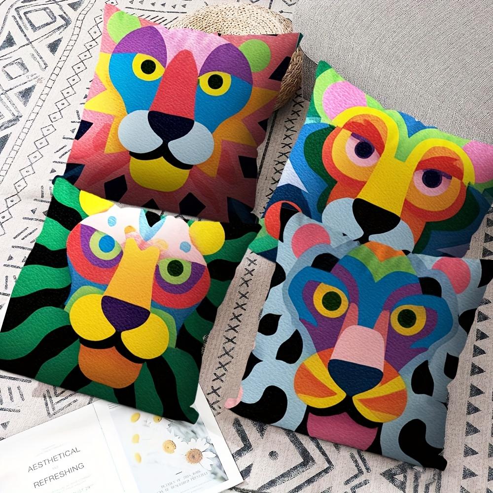 4Pcs Colorful Geometric Animal Head Throw Pillow Covers, Vibrant Tiger Lion Print Cushion Cases, Playful Kids Room Home Decor
