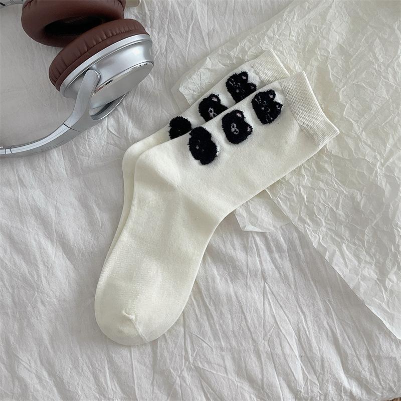 Cute Cat Plush Socks for Women, Spring and Autumn Pure Cotton Cartoon Illustration Mid-calf Socks, Polka Dot Yarn Heart-shaped Pile Socks