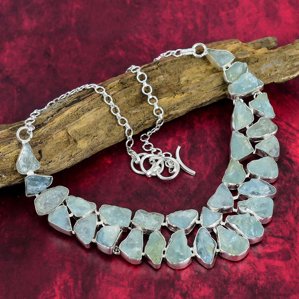 Rough Aquamarine Gemstone Jewelry, 925 Solid Sterling Sliver Necklace & Bracelet Jewelry Set, Handmade Silver Jewelry Set For Her, Gorgeous Jewelry