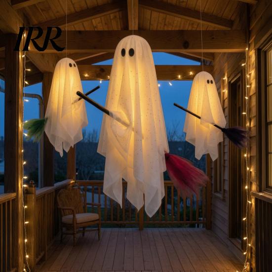Shimmering Star Pattern Decor 3 Pcs Halloween Ghost Decorations, Spooky Hanging with Broom, Decorative for Trees Large Flying White Tree Porch