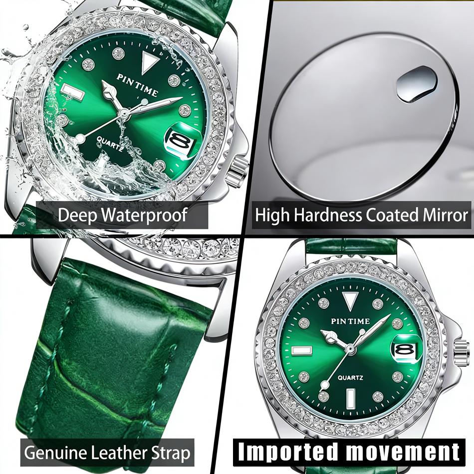 Fashion Women's Watch Luminous Crystal Quartz Watch Green Leather Strap 30m Water Resistance and Date Function Affordable Watch