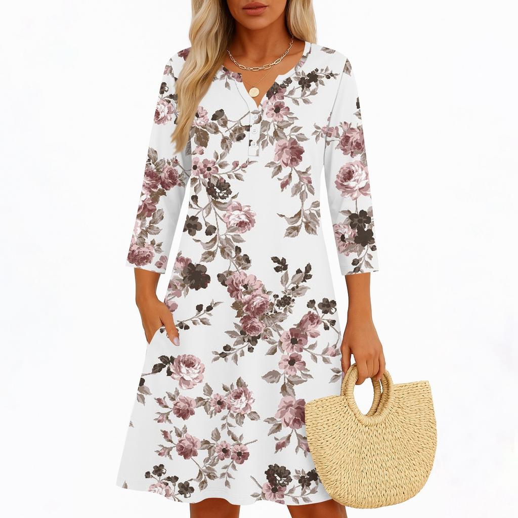 Платья для женщин Весенние сарафаны Женское повседневное платье с рукавом 3/4 V-образный вырез Бохо Платье с цветочным принтом