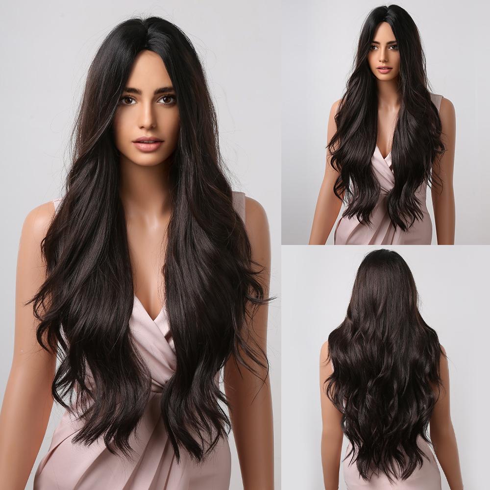 Long Black Synthetic Wigs Middle Part for Black Women Wavy Cosplay Hair Wigs Heat Resistant Fiber