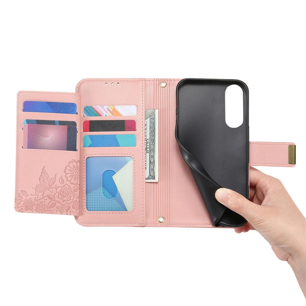 Для Samsung Galaxy S25 Чехол-бампер Цветочный узор с листьями Множество слотов для карт Молния Кожаный чехол для телефона с ремешком на запястье