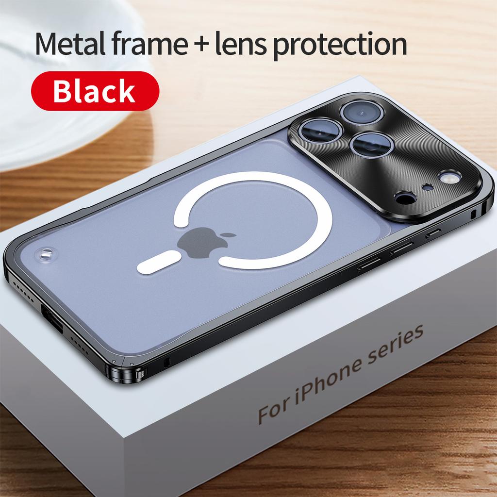 Metal Frame Magnetic Phone Case For iPhone 17 12 13 14 15 16 Pro Max Aluminum Alloy Full Lens Protection Cover For iPhone 16 Plating Metal Back Case