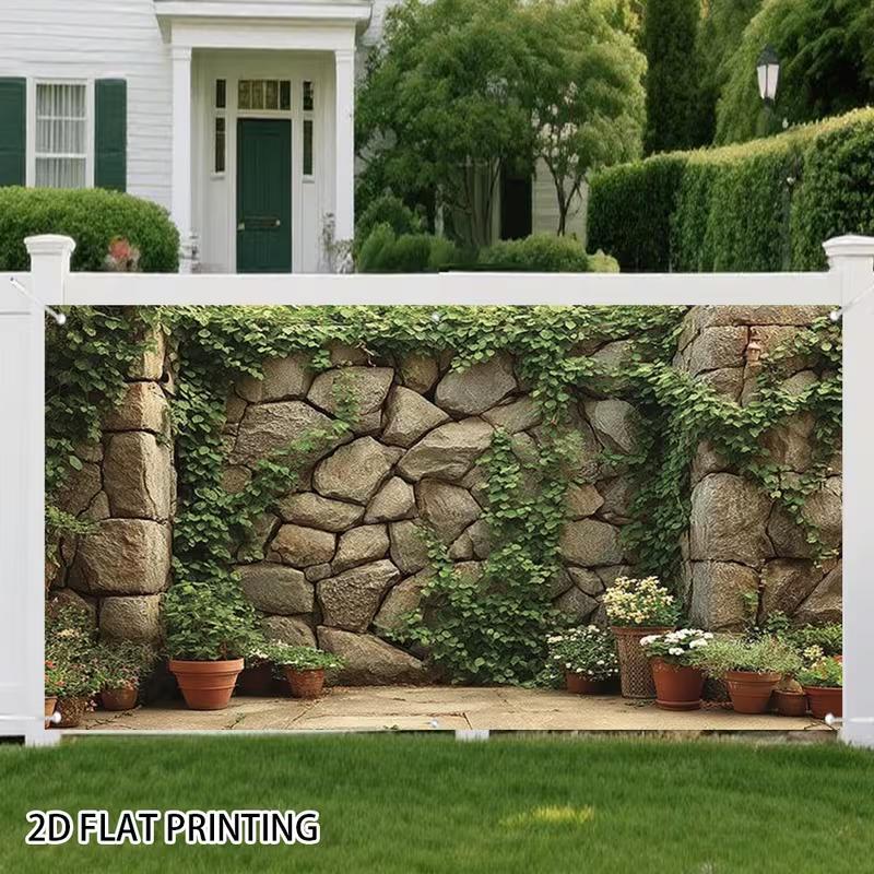 2D Country Yard Stone Wall Green Plant Background Cloth Live Stream Portrait Backdrop