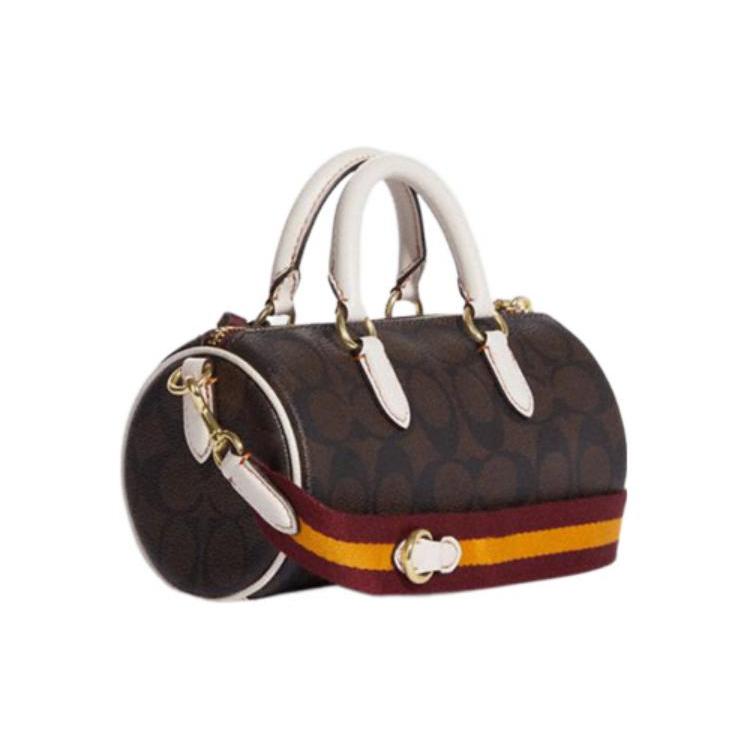 New COACH Lacey Artificial Leather Boston Bag, Handbag, Shoulder Bag, Crossbody Bag Trumpets Women's Brown & Chalk White CB874-IMDGQ