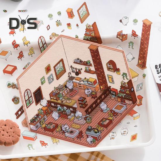 4 Sets DIY 3D House Stickers with Tweezer Make Your Own Mini Room Scene Supermarket Coffee Shop Restaurant Bookstore Scene Stickers Adult Kids Stress