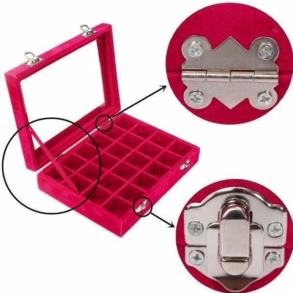 Коробка для хранения ювелирных изделий Бархатный дисплей для сережек Стеклянный органайзер для колец для ювелирных изделий Чехол для хранения 24 слота