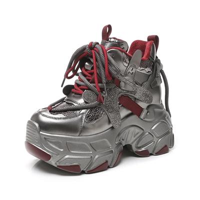 Мода 10 см Синтетические Блестящие Кроссовки на Платформе, Танкетке, Массивной Подошве, Ботильоны до Щиколотки, Обувь Женская Мода Каблук Женская Повседневная Обувь Вулканизированная