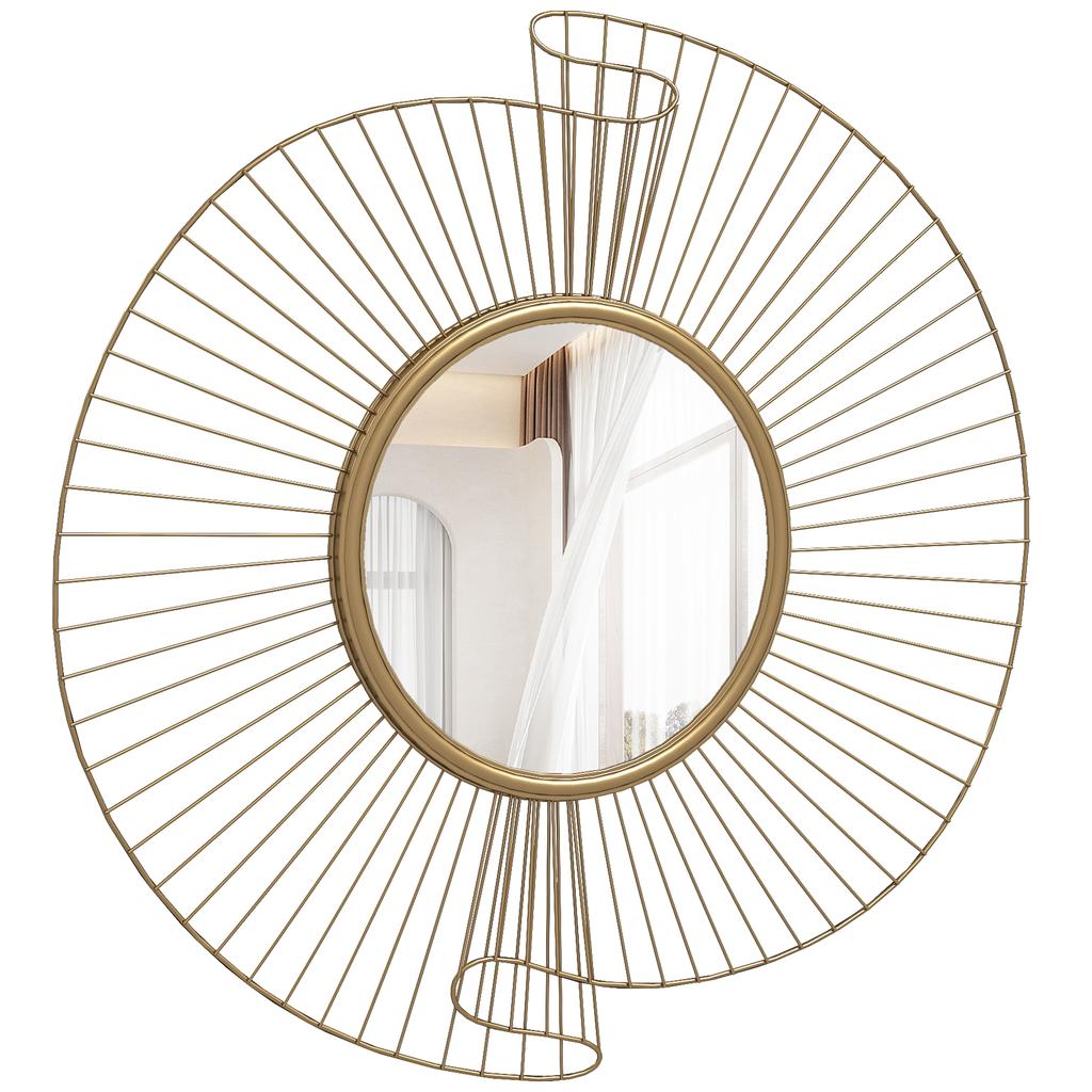 Round Decorative Mirror 60 cm with 360 degrees Mounting, Modern Metal Wall Decoration with Pleated Details, Gold