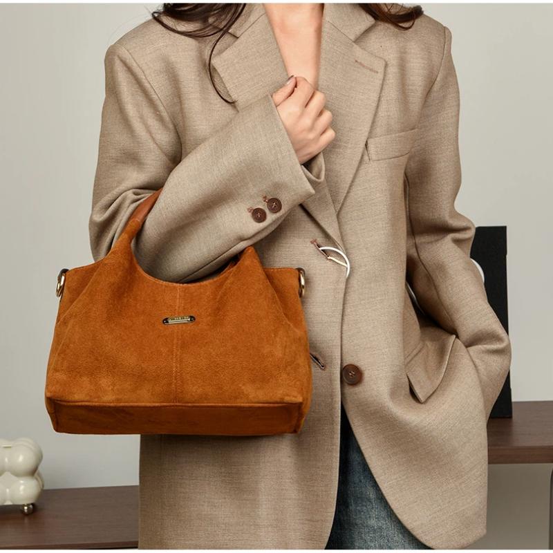 2025 Новый Женский Сумка-Тоут из Замши Матовой Большой Вместимости Ретро Мамина Сумка Наплечная Сумка-Кроссбоди Повседневная Простая Сумка с Верхними Ручками