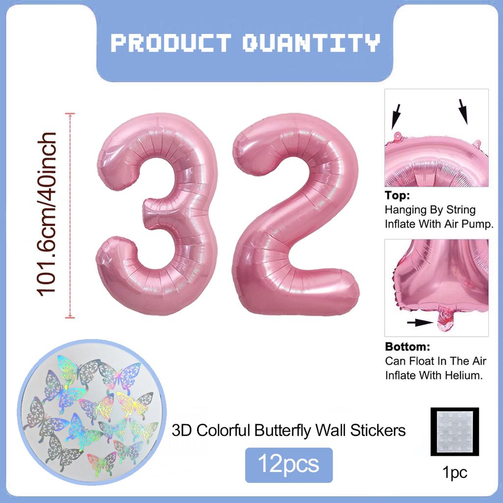 Pink Butterfly Number Balloon, 3D Stereoscopic Butterfly Number 0-9 Used for Anniversary Birthday Party Photography