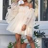 Women Dress Off Shoulder High Waist Mesh Layered Shirring A-line Long Sleeves Solid Color Princess Style Mini Dress Prom Beach Party Short Dress