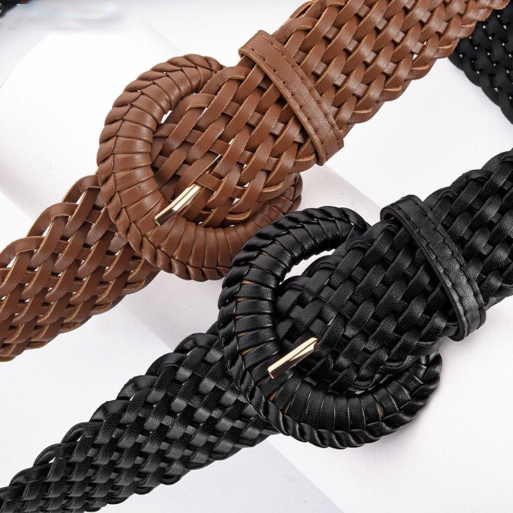 Punk Woven Weave Belt Round Wide Retro Belt Hollow Out PU Leather Bohemian Style Waistband Women