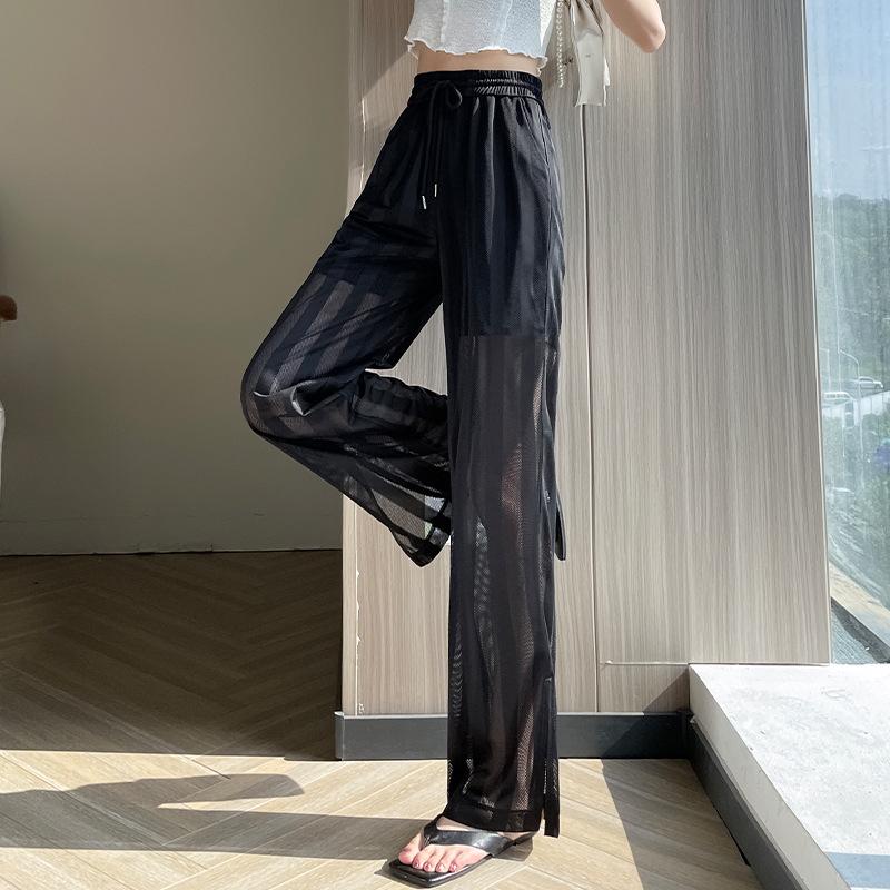 Летние женские широкие брюки женские свободные повседневные брюки с разрезами из тонкой сетки прямые брюки