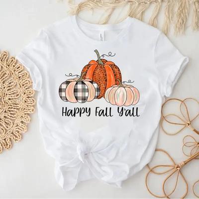 Happy Fall Y All Pumpkin Print T Shirt Autumn Harvest Thanksgiving Holiday Tops