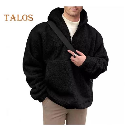 Зимняя мужская толстовка с капюшоном с большим передним карманом, двухсторонняя фланелевая куртка с полумолнией, свободный длинный рукав, термотоп с эластичными манжетами, повседневная толстовка с капюшоном