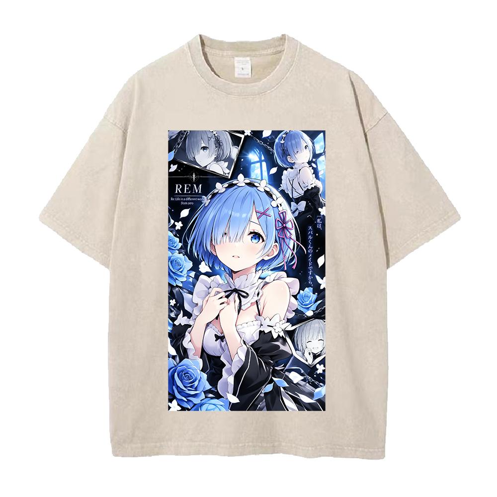 Rem Kawaii Футболка с принтом Аниме Re Zero Одежда Мужская Женская Винтажные Стиранные Футболки Футболка с коротким рукавом Повседневная Хлопковая Уличная одежда