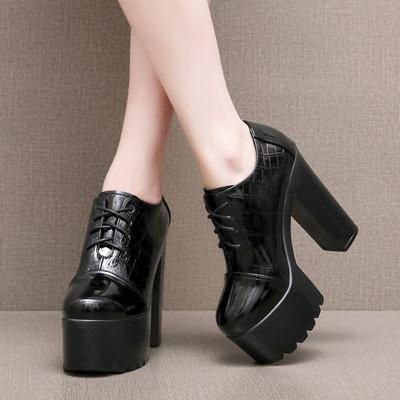 14см Маленький Большой Размер 32-43 Сексуальные Туфли-Лодочки на Толстой Платформе с Мелким Вырезом из Яркой Кожи 2025 Супер Блочные Высокие Каблуки Обувь Модель Платье