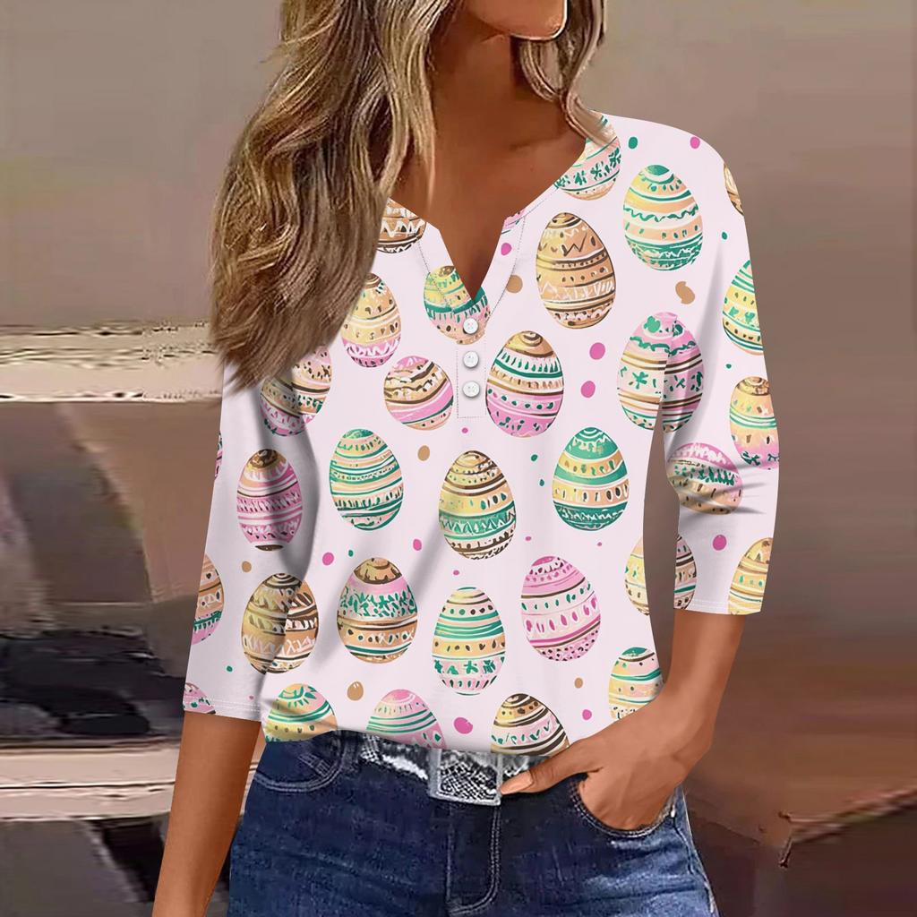 Жен. Футболка Футболка С принтом Пуговицы Рукав 3/4 Повседневные Выходные Мода Классический V-образный вырез Обычный Топ