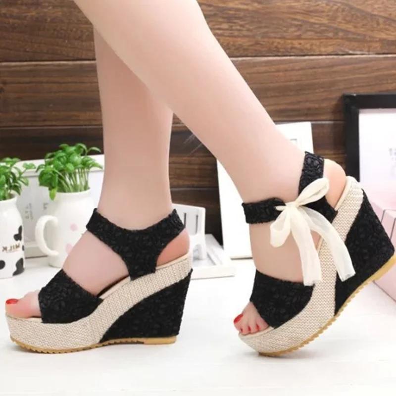 Модные INS Hot Lace Leisure Womens Wedges Heeled Women Shoes 2024 Summer Sandals Party Platform High Heeled Shoes Woman