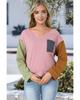 Pink Colorblock Rib Textured Loose Long Sleeve Top