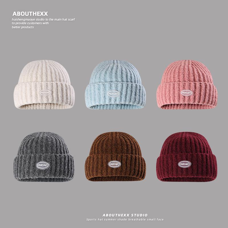 Glue Label Letter Knitted Hat Student Couple Big Head Circumference Showing Face Small Pullover Hat Men Cold Hat