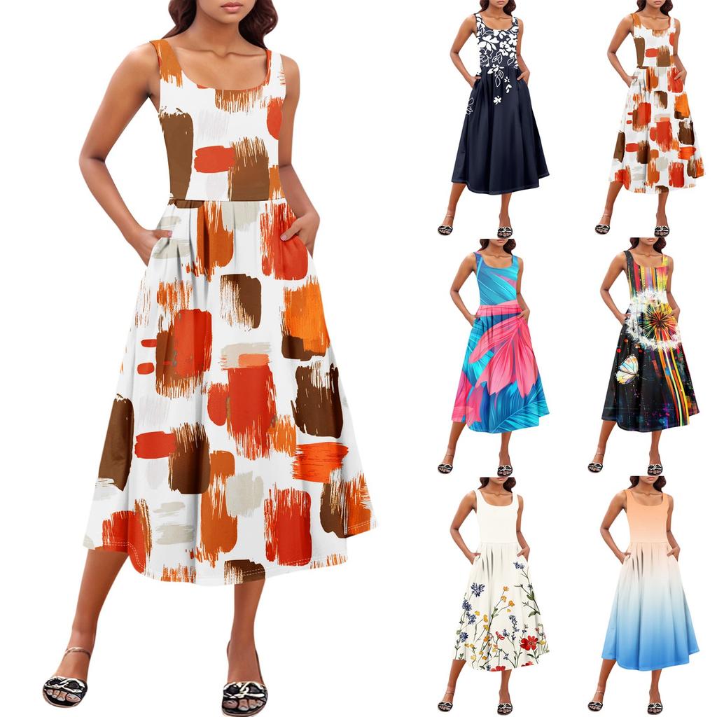 Women's Summer Spring Casual Floral Sundress Sleeveless Beach Vacation Flowy Boho Tank Midi Dresses