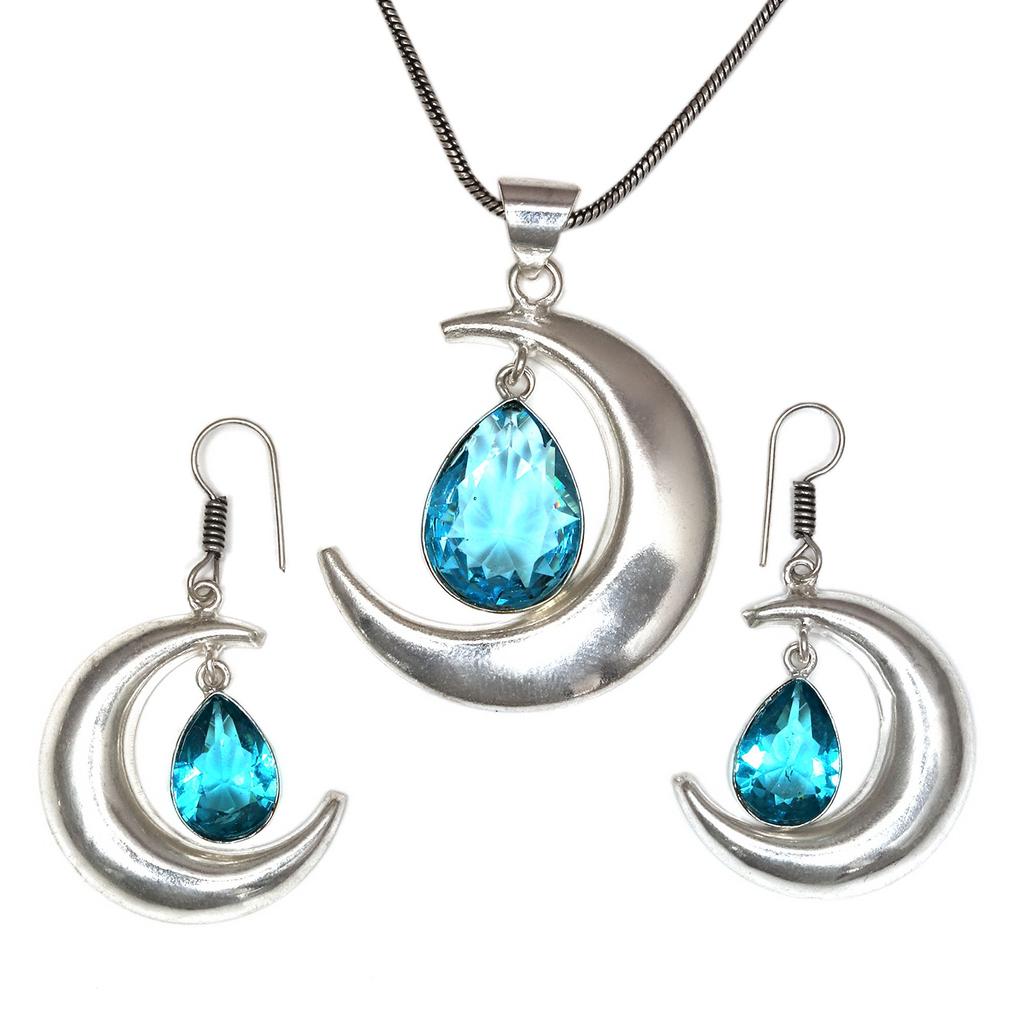 Комплект из серег и подвески ко Дню матери с драгоценным камнем London Blue Topaz