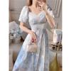 Summer New French Style Retro Elegant Short Sleeve Dress Elegant High-end Sense Printing Puff Sleeve Long Dress