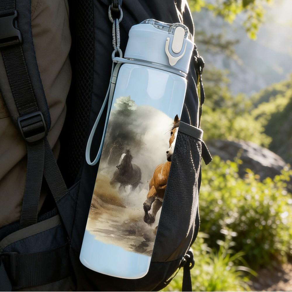 1PC Horse Misty Forest Landscape 750ml Color Plastic Sports Water Bottle Leakproof Flip Straw Lid Suitable for Sports Office Home Use