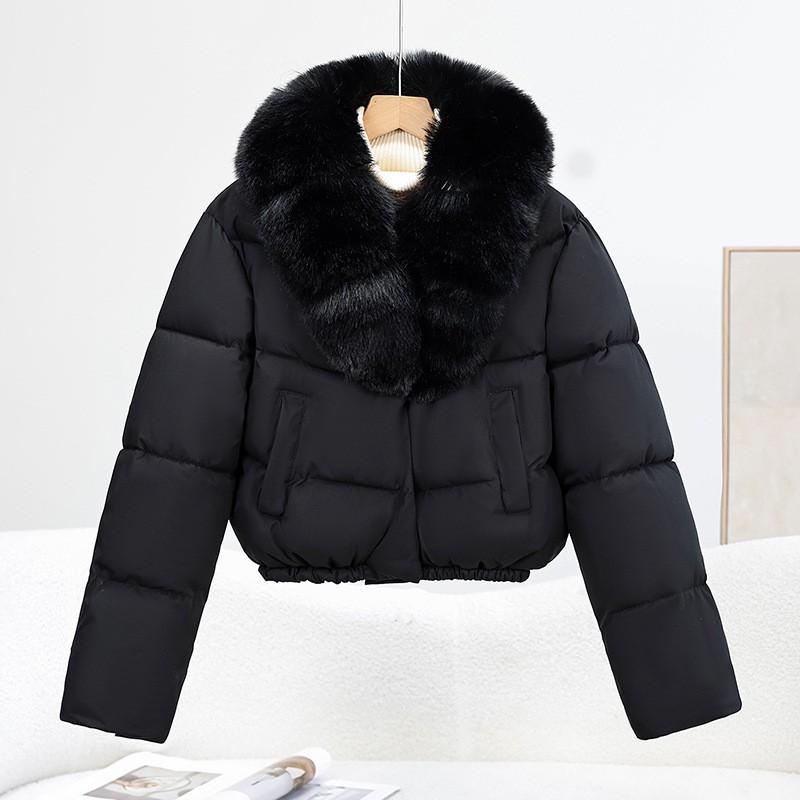 2026 Winter Womens Short Cotton Puffer Coat With Large Faux Fur Collar Slim Warm Loose Fit