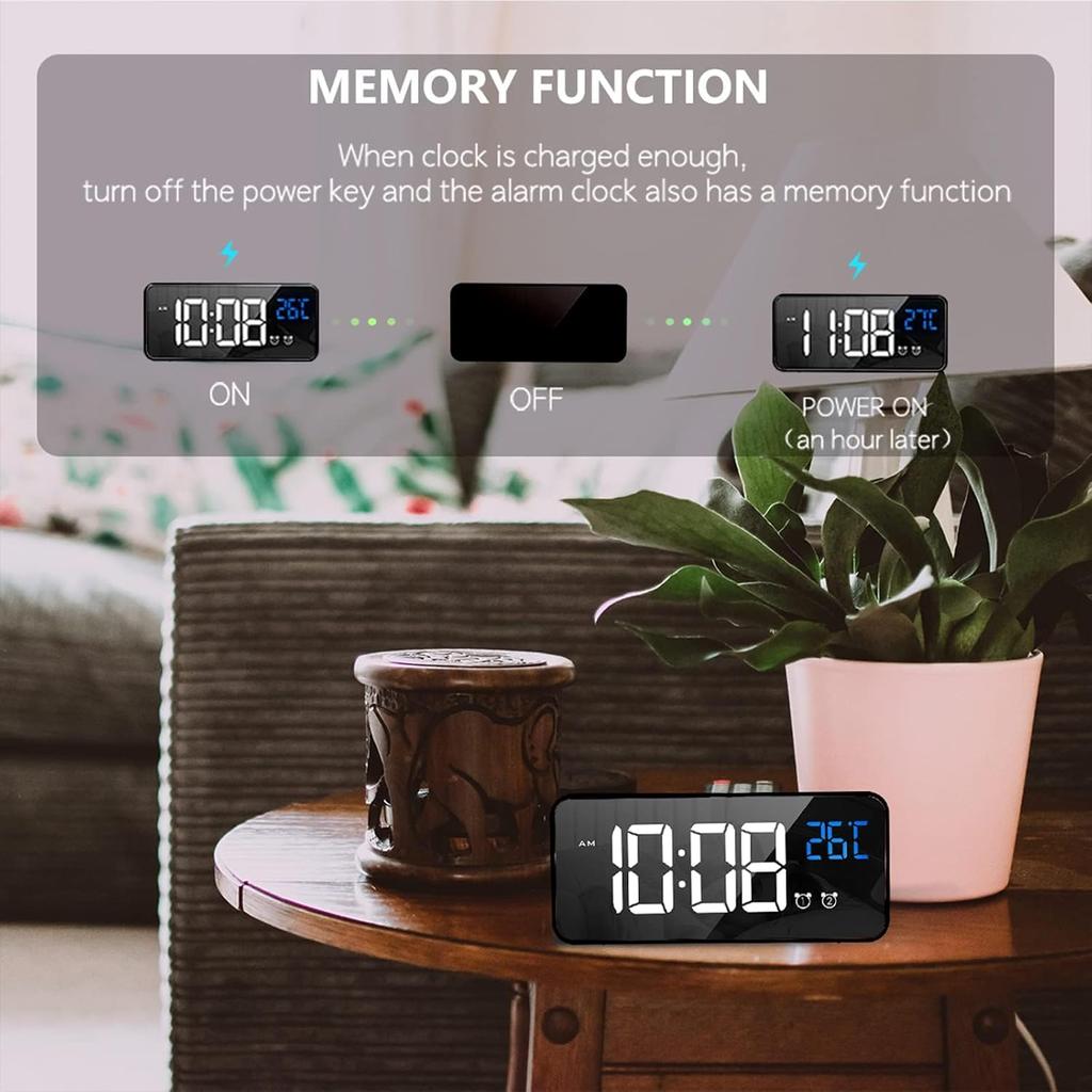 Mirror Digital Alarm Clock USB Charging Bedside Clock Snooze Dual Alarm Table Clock with Temperature Display