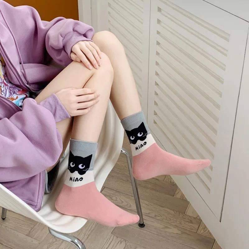 1 пара носков Kawaii с принтом мультяшного кота, женские милые носки для школьниц в стиле колледжа, повседневные носки средней длины в стиле Харадзюку в стиле ретро