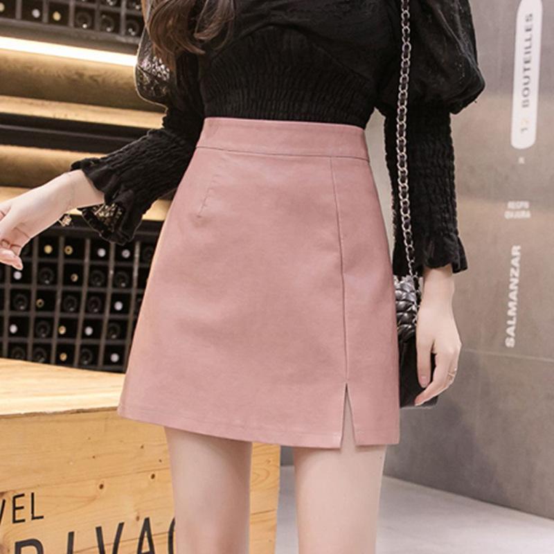 2024 Autumn/Winter Black PU Leather High Waist A-Line Midi Skirt with Slit - Sexy, Slimming Women's Hip Wrap Skirt