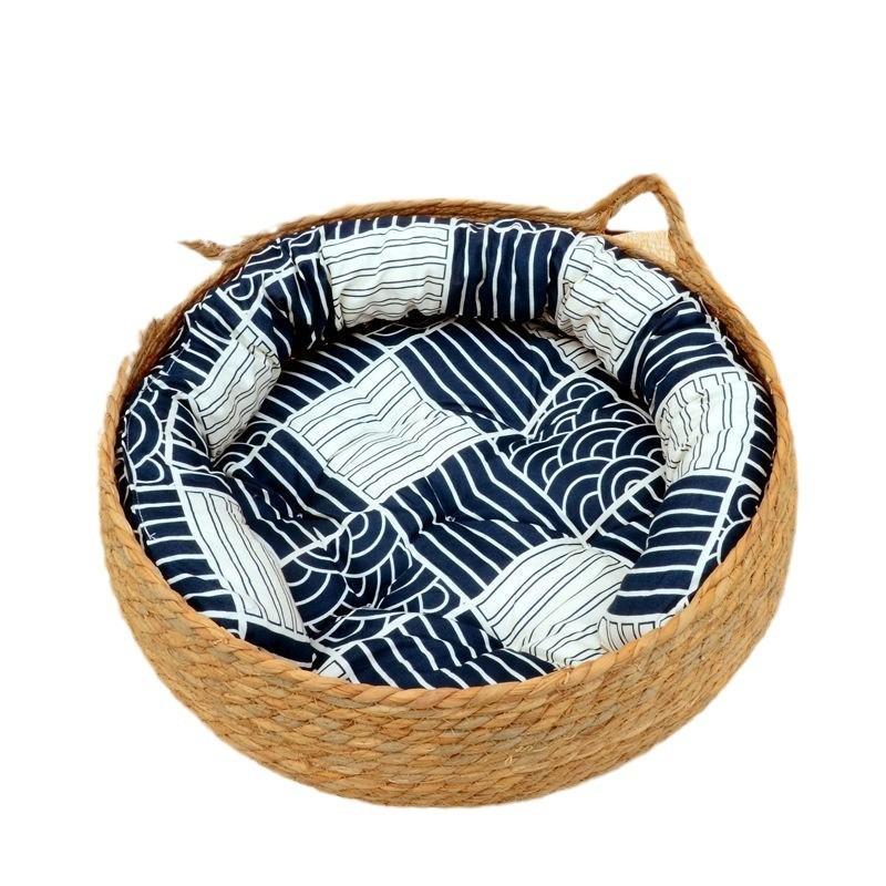 OUZEY Rattan Weaving Cat Basket Pet Cat Bed With Cushion Soft Warm Puppy Kitten Bed Donut Round Comfortable Sleeping Cat House