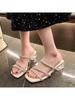 Summer new wear thin heel cool slippers women 2025 elegant rhinestones with skirt square head open toe high heel one-word drag