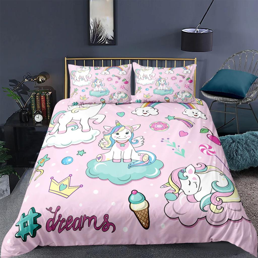 Unicorn Bedding Set King Queen White Pink Unicorn Duvet Cover For Girls Boys Dreamy Cartoon Sparkle Lilac Polyester Quilt Cover