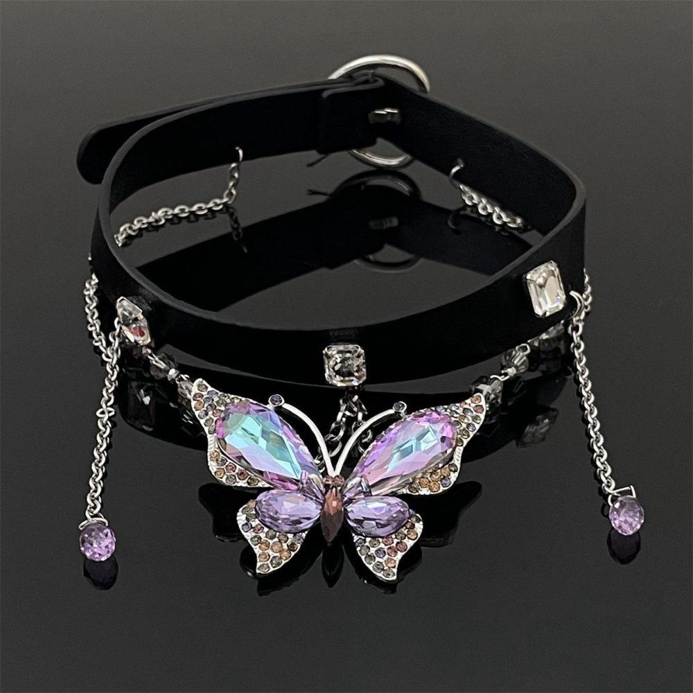 Crystal Butterfly Pendant Necklace Belt Twined Women Accessory Punk Gothic Metal Choker Ladies