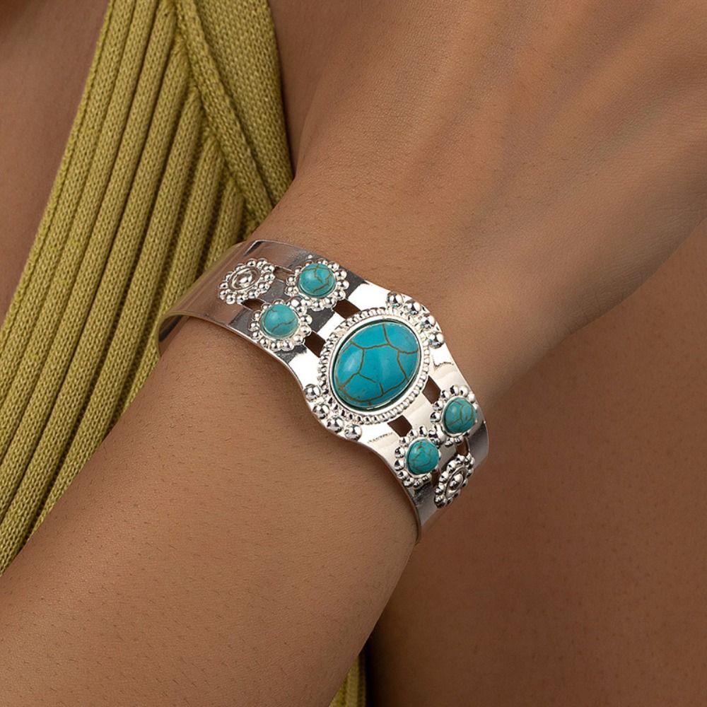 Bohemian Style Turquoise Bangle C Shape Open Cuff Bangle Vintage Imitation Turquoise Bracelet Men