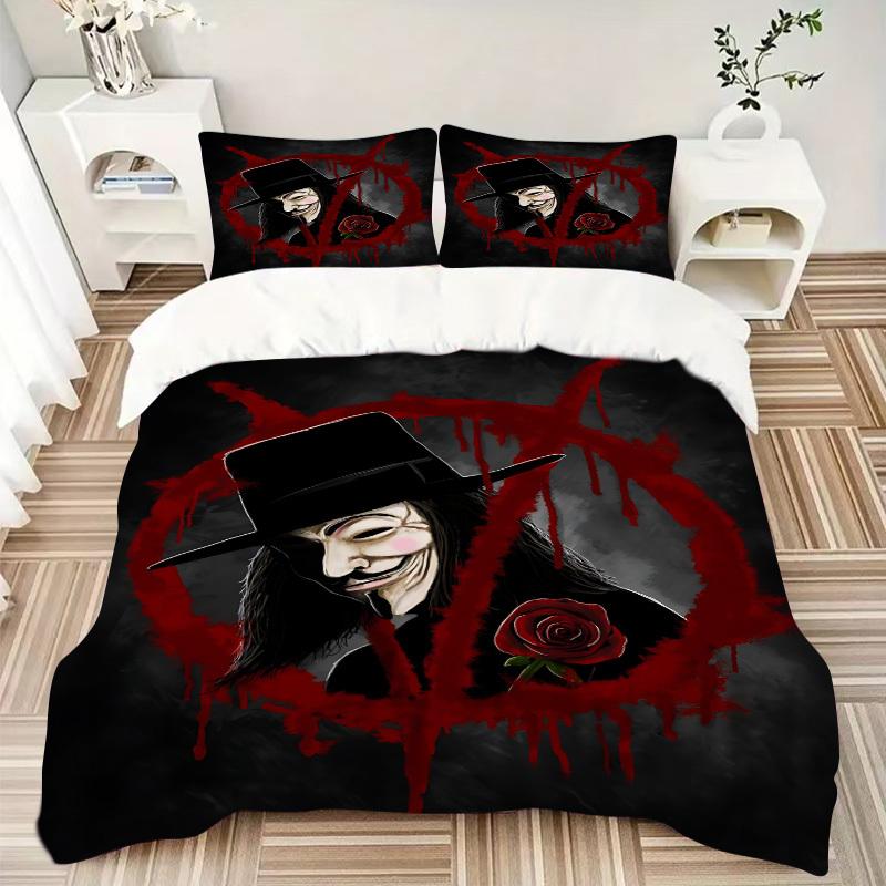 3pcs V for Vendetta Bedding Set, Soft Polyester Duvet Cover and Pillowcases Machine Washable Seasons all suitable & Guest Room Decor223