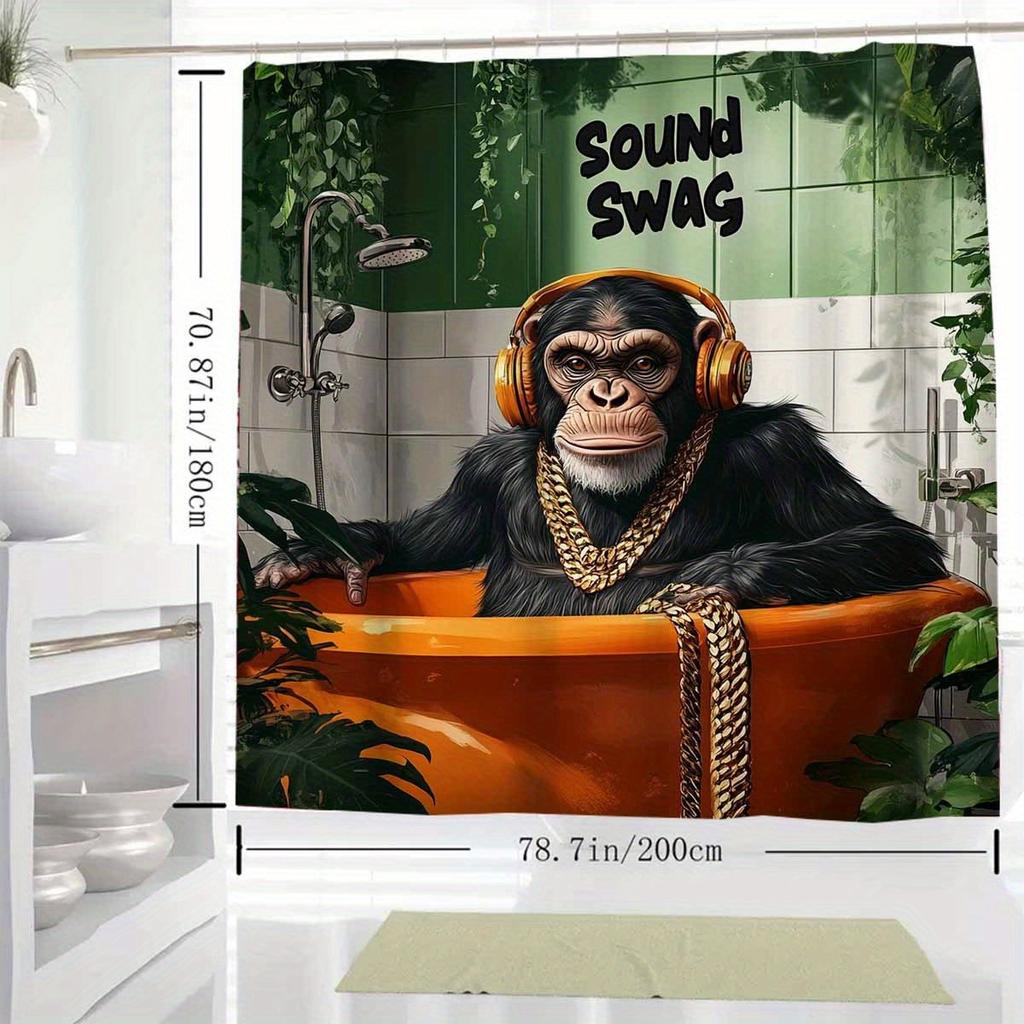 1 шт. Шторка для душа с рисунком гориллы в ванне Sound Swag - Полиэстер, Декор для ванной комнаты, с 12 крючками, Машинная стирка, Яркий джунглевый дизайн