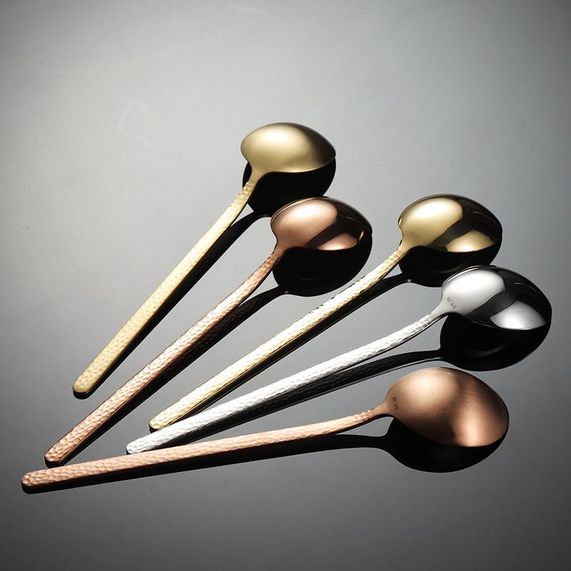 HANYANG 304 Stainless Steel Hammer Point Spoon Titanium Plated Hammer Pattern Retro Spoon Household Kitchen High Value Tableware