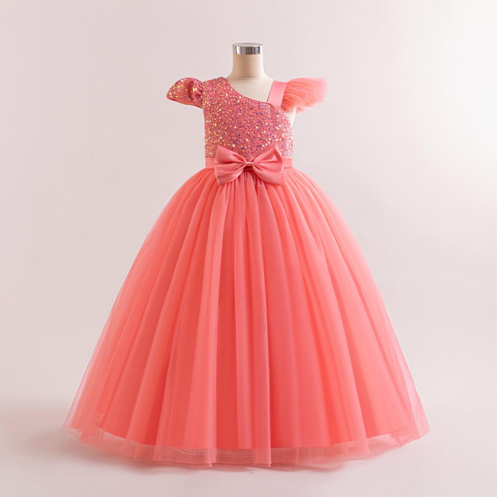 Girls' Sequined Mesh Tutu Dress with Small Flying Sleeves & Bow - Evening & Flower Girl Princess Dress
