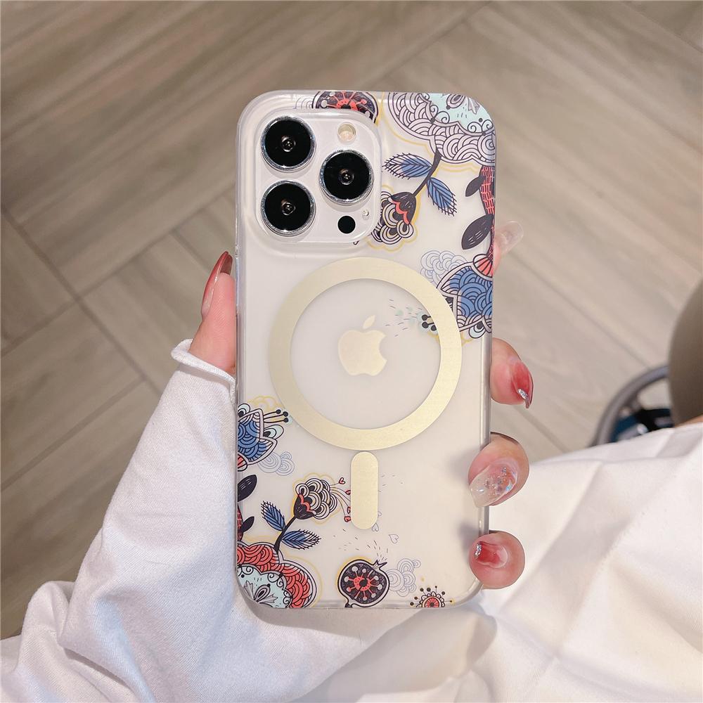 Цветочный бампер для чехла с магнитной беспроводной зарядкой для iPhone 17 Air 16 15 14 13 12 11 Pro Max Plus Ударопрочная акриловая крышка